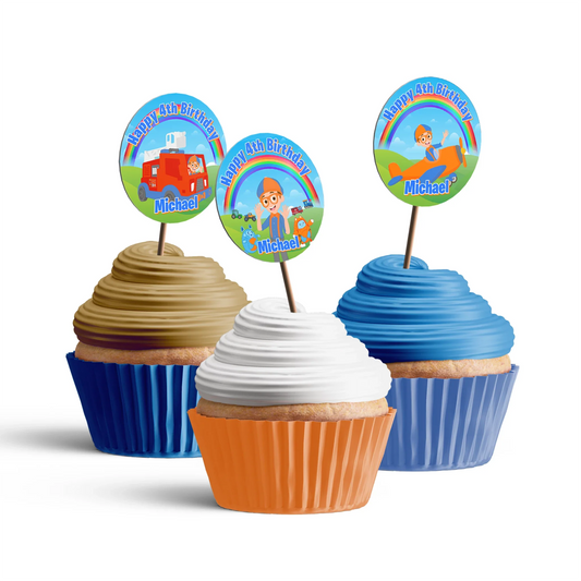 Blippi personalized cupcakes toppers in blue and orange theme, small round toppers arranged in flat lay on white background