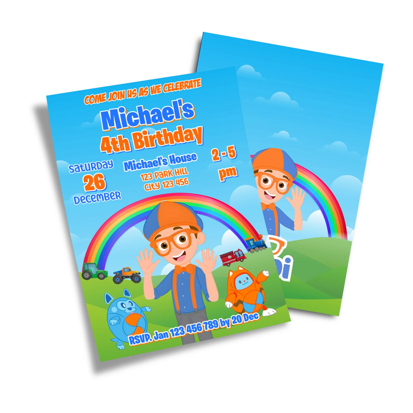 Blippi personalized birthday card invitations with blue and orange design, folded card layout shown on white background