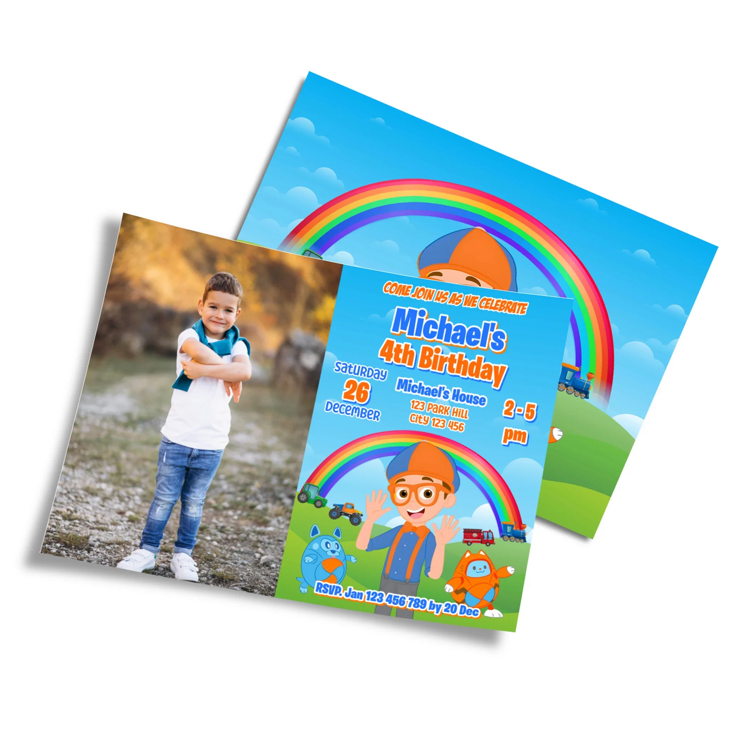 Blippi personalized photo card invitations featuring custom photo area and blue orange theme, flat lay on white background