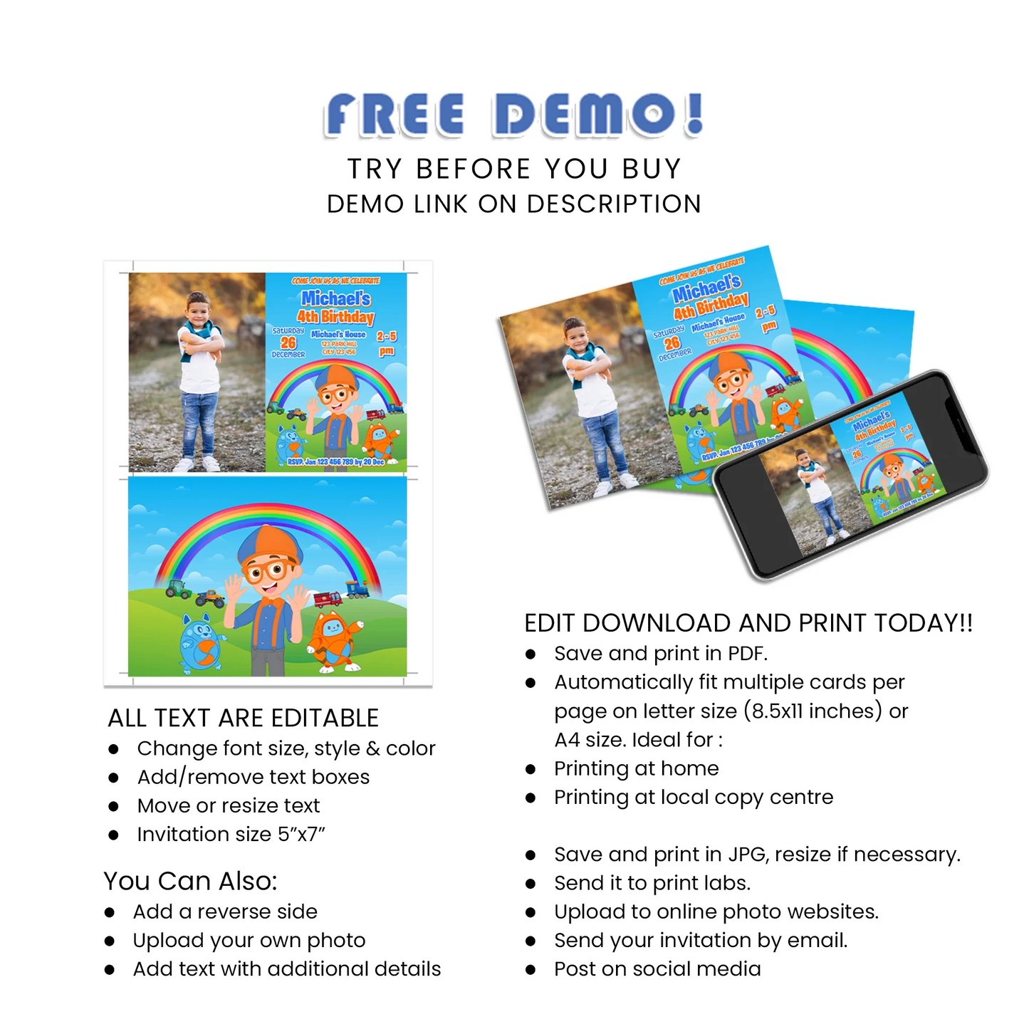 Blippi personalized photo card invitations for Blippi theme parties