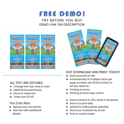 Blippi personalized birthday ticket invitations for kids celebrations