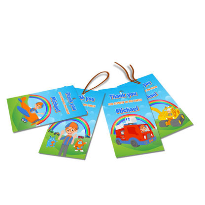 Blippi thank you tags with blue and orange theme, small rectangular favor tags displayed on white background