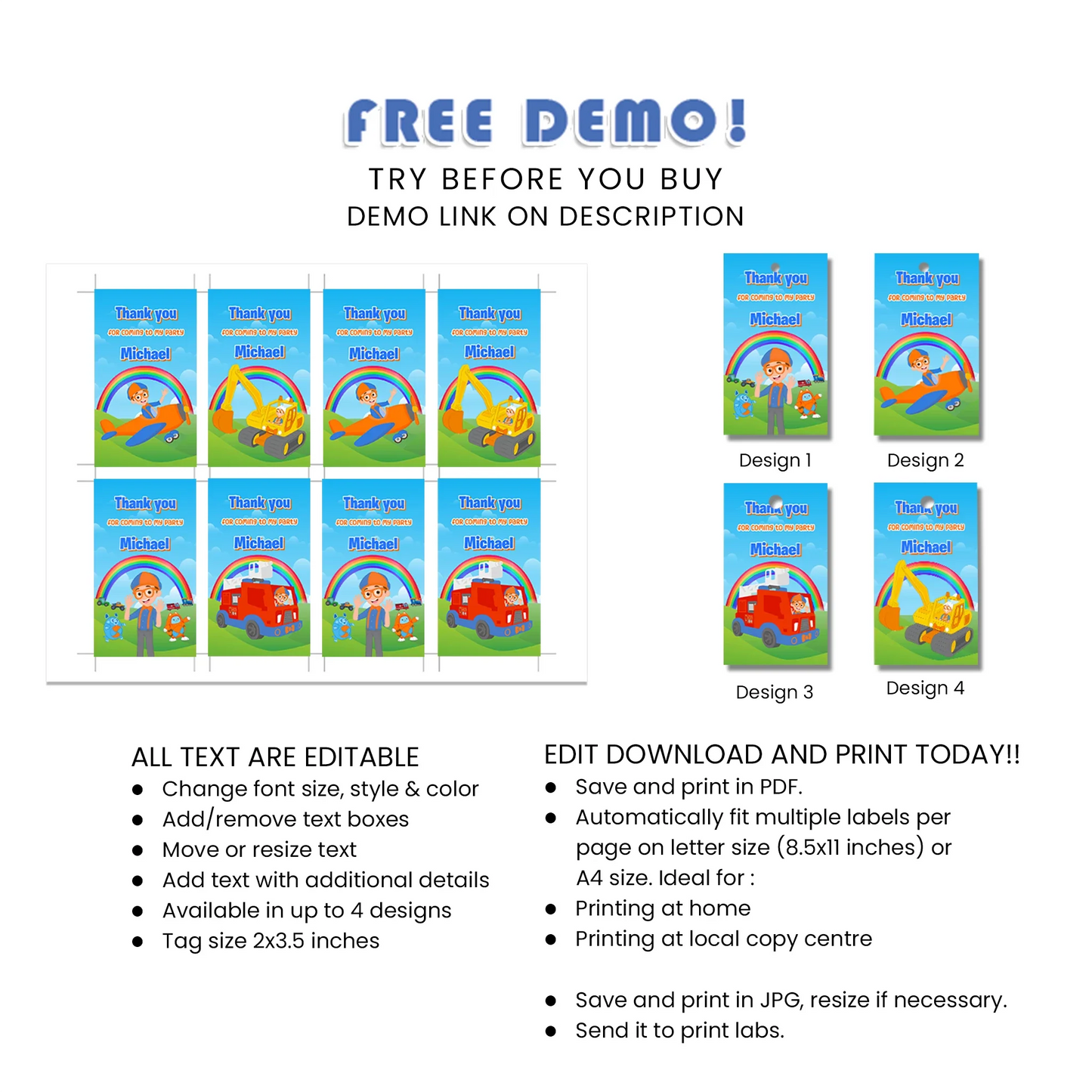 Blippi favor tags for kids birthday party favors and gifts