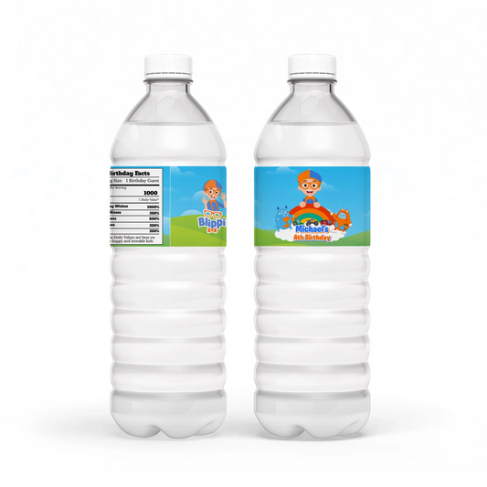Blippi water bottle label with blue and orange wrap design, adhesive label shown flat on white background