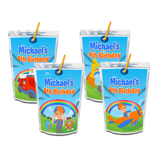 Blippi juice pouch label featuring bright blue and orange graphics, wrap style label displayed on white background