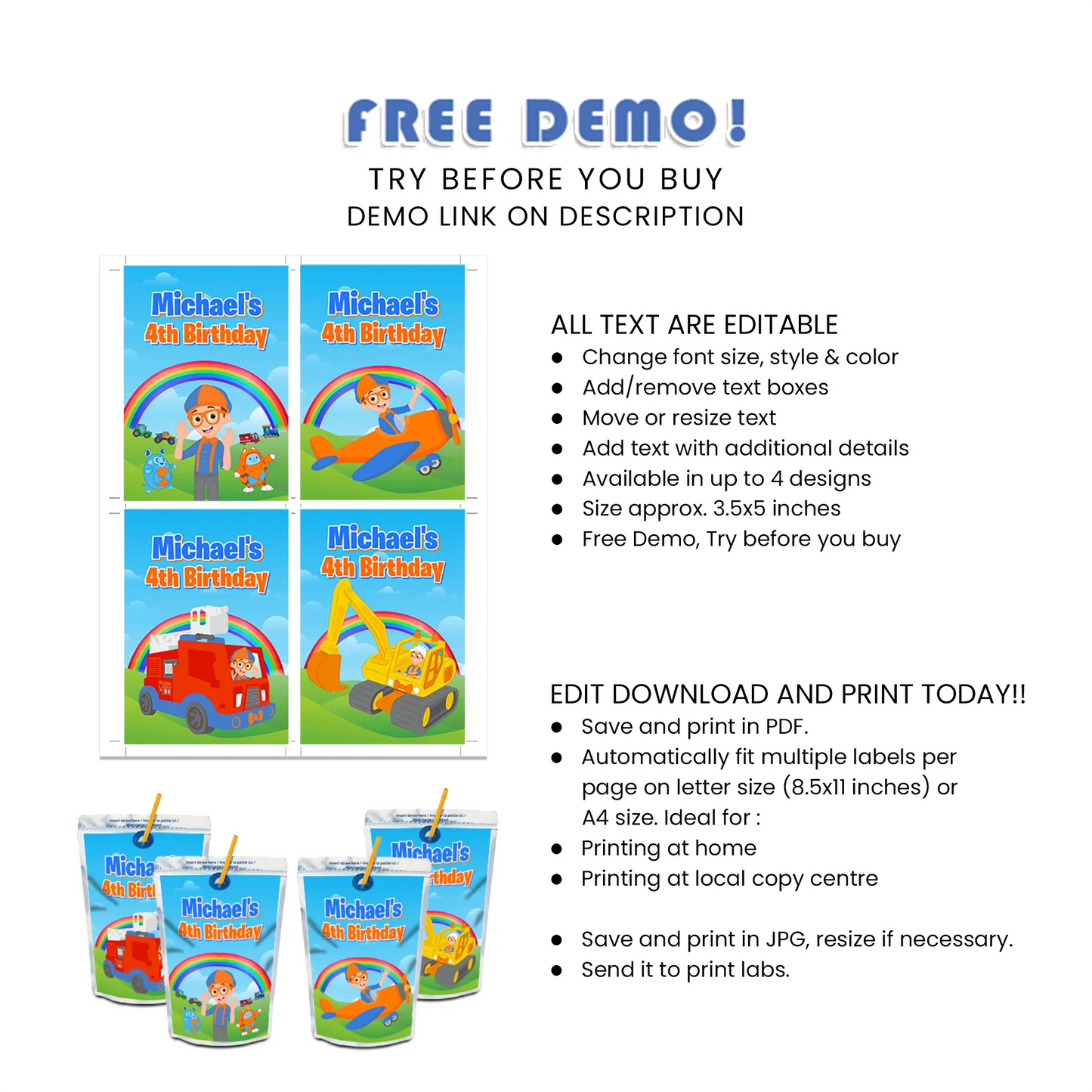 Blippi juice pouch labels for fun kids party beverages