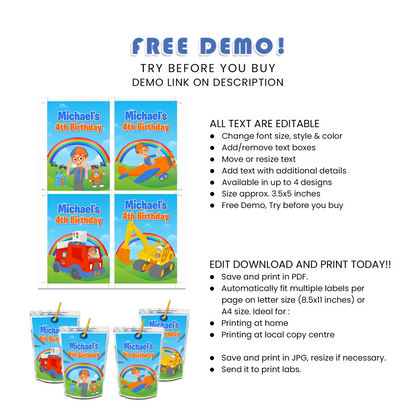 Blippi juice pouch labels for fun kids party beverages