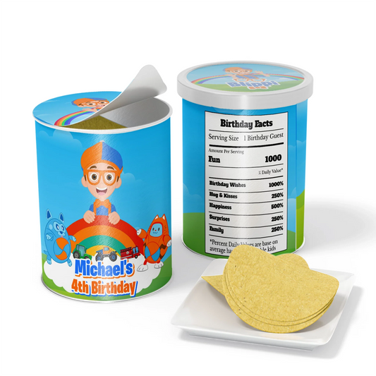 Blippi small Pringles label with blue and orange theme, cylindrical wrap design shown flat on white background