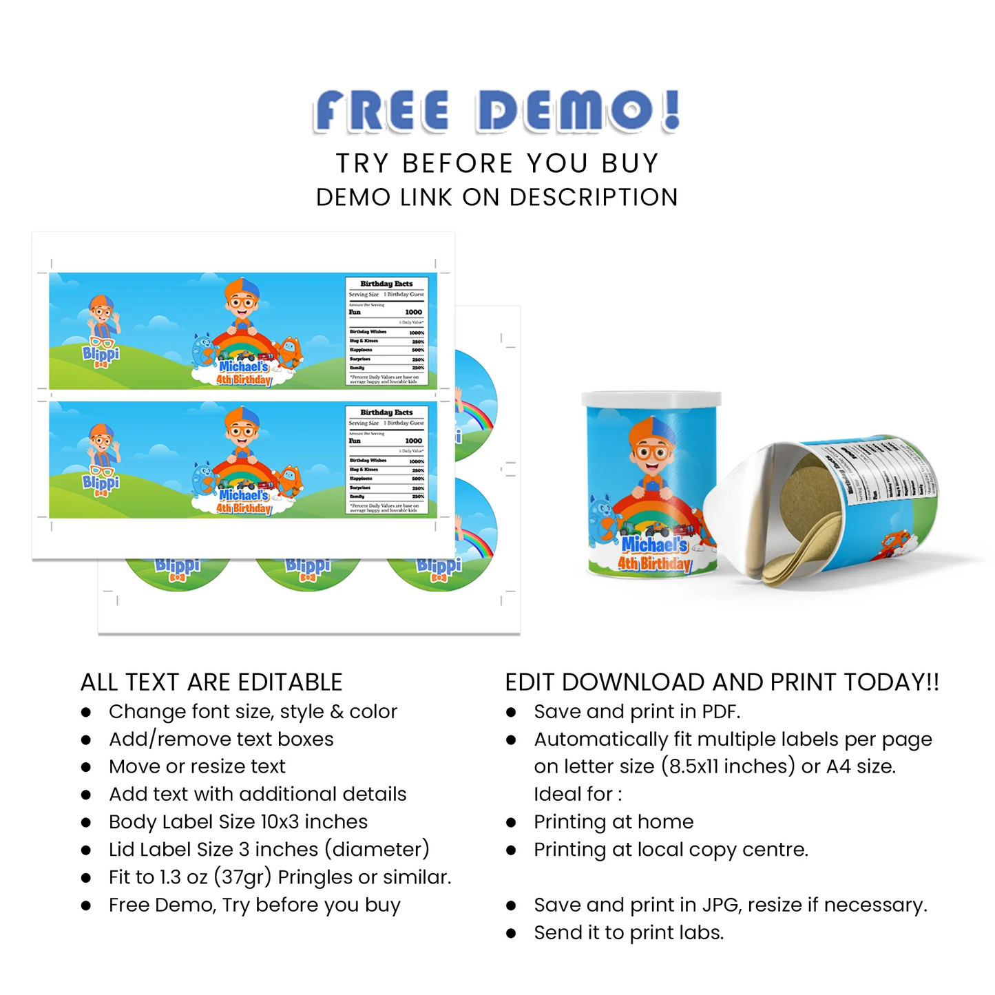 Blippi small Pringles labels for kids birthday snack favors