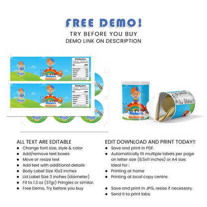 Blippi small Pringles labels for kids birthday snack favors