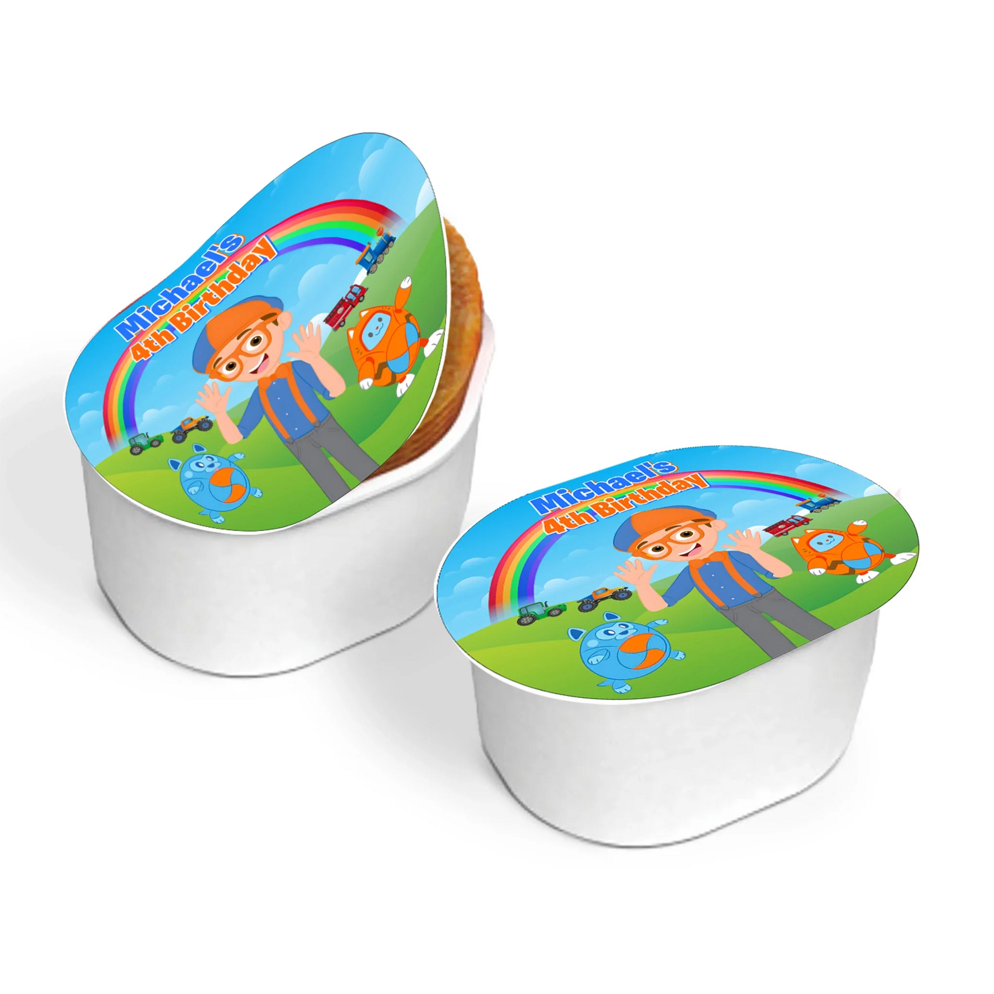 Blippi mini Pringles label featuring bright blue and orange graphics, small wrap label on white background