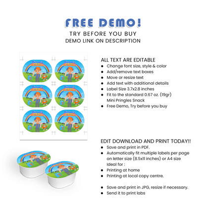 Blippi mini Pringles labels for themed kids party snacks