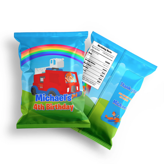 Blippi chips bag label with bold blue and orange design, full size snack wrap shown flat on white background