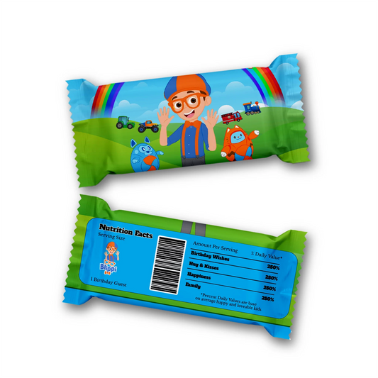 Blippi Rice Krispies treats label and candy bar label with matching blue and orange designs, flat lay on white background