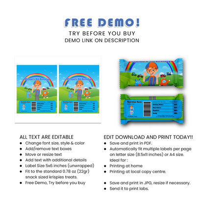 Blippi Rice Krispies treats and candy bar labels for parties