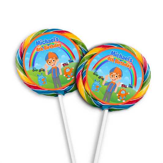 Blippi lollipop label with colorful blue and orange graphics, round sticker style label on white background