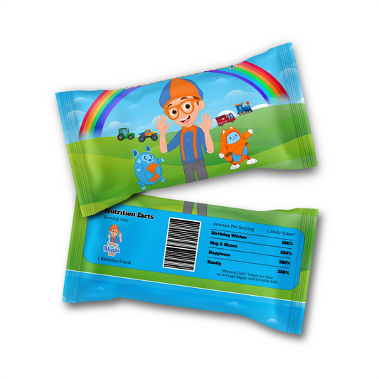Blippi Skittles label featuring bright blue and orange theme, candy pack wrap shown flat on white background
