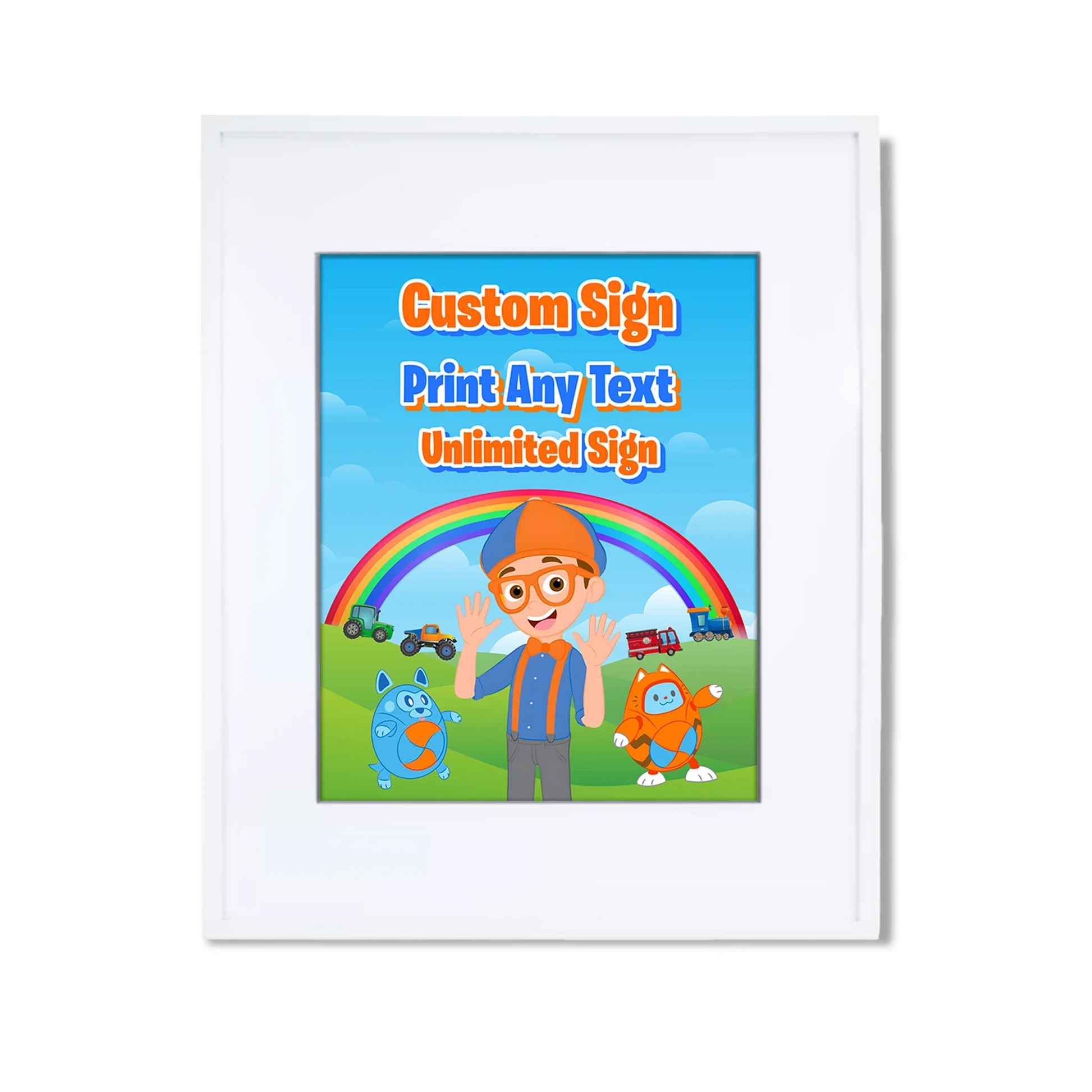 Blippi custom sign with blue and orange themed graphics, rectangular party sign displayed on white background