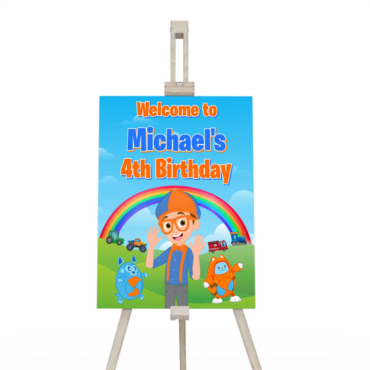 Blippi welcome sign featuring bold blue and orange design, party entrance sign shown on white background