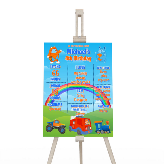 Blippi milestone poster with blue and orange theme highlighting age details, vertical poster layout on white background
