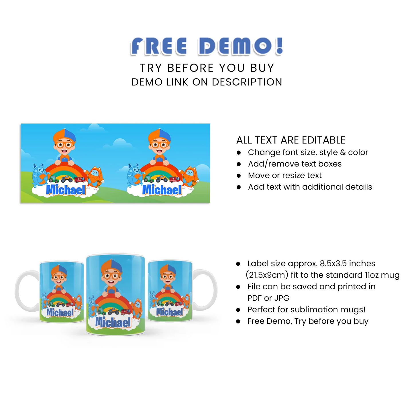 Blippi sublimation mug for kids party keepsakes and gifts