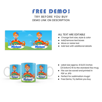 Blippi sublimation mug for kids party keepsakes and gifts
