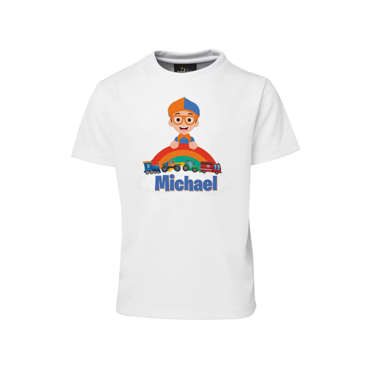 Blippi sublimation t-shirt with blue and orange graphic print, short sleeve shirt laid flat on white background