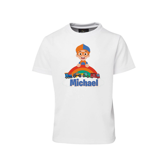 Blippi sublimation t-shirt with blue and orange graphic print, short sleeve shirt laid flat on white background