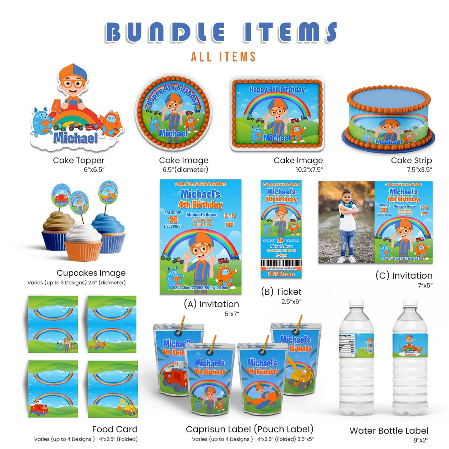 Blippi personalized digital template party pack with blue and orange theme graphics, editable party items shown in flat lay on white background