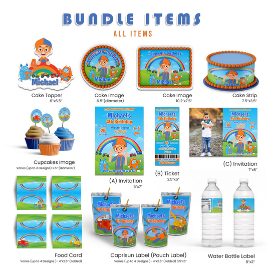 Blippi personalized digital template party pack with blue and orange theme graphics, editable party items shown in flat lay on white background