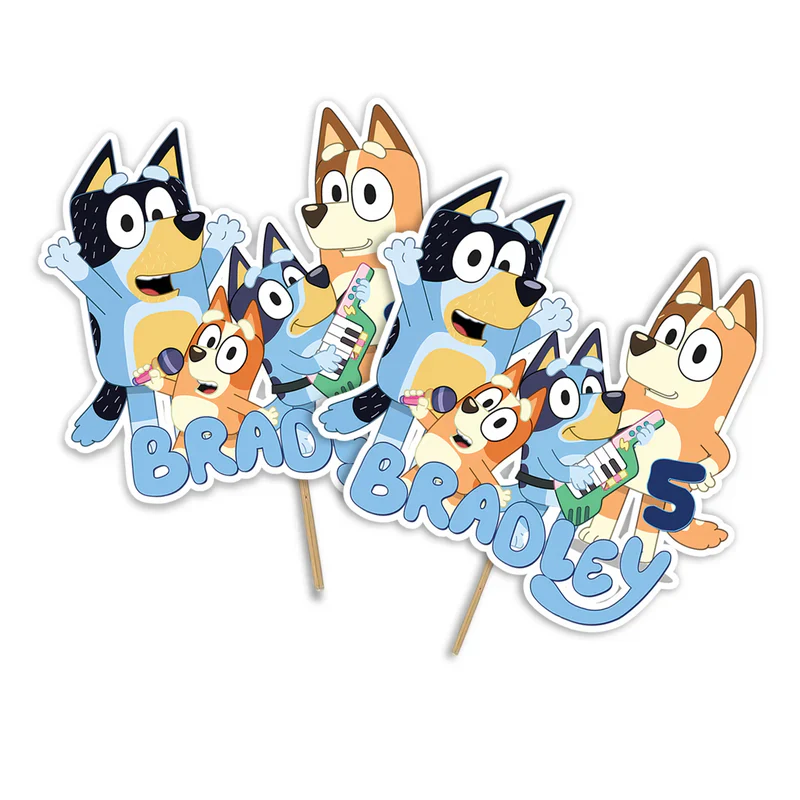 Bluey cake toppers personalized with character graphics on cardstock in flat lay format
