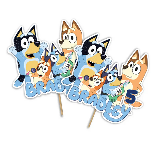 Bluey cake toppers personalized with character graphics on cardstock in flat lay format