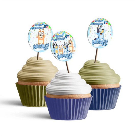 Bluey cupcake toppers printable with Bluey characters on white background in a flat lay
