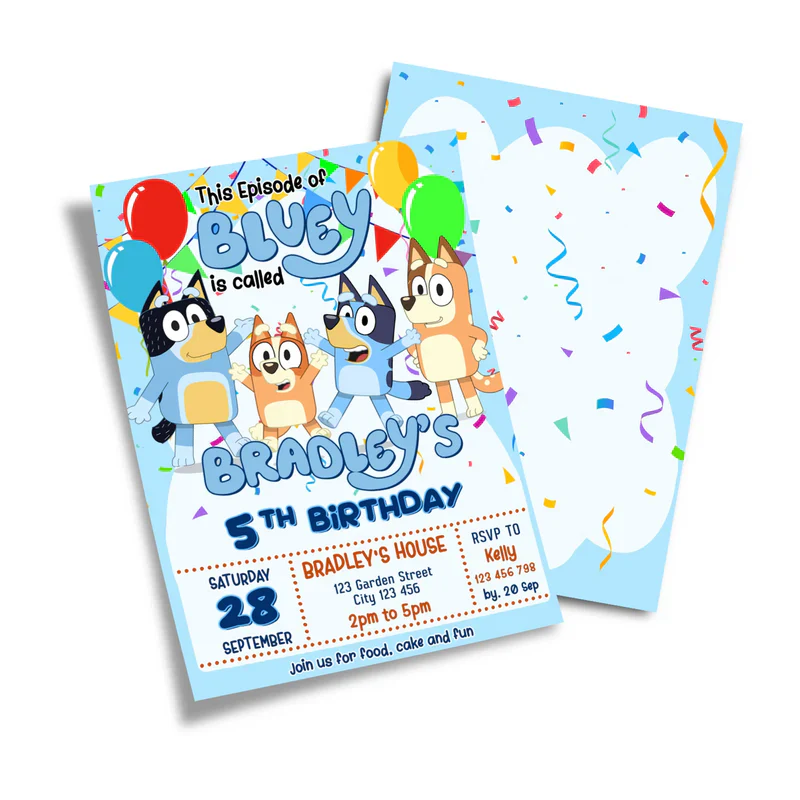Bluey birthday card invitations with editable text and colorful background flat lay