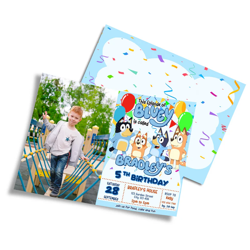 Bluey photo card invitations with personalized image and Bluey theme on white background