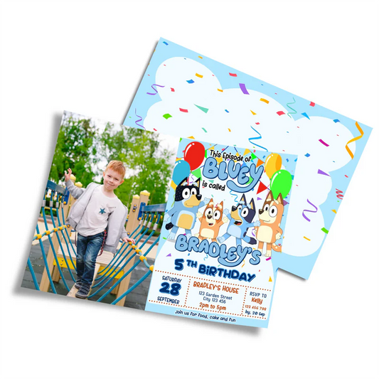 Bluey photo card invitations with personalized image and Bluey theme on white background