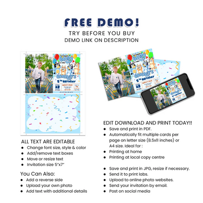Bluey Personalized Photo Card Invitations