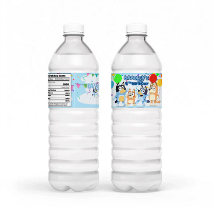 Bluey water bottle label with personalized design wrapped around clear bottle on table