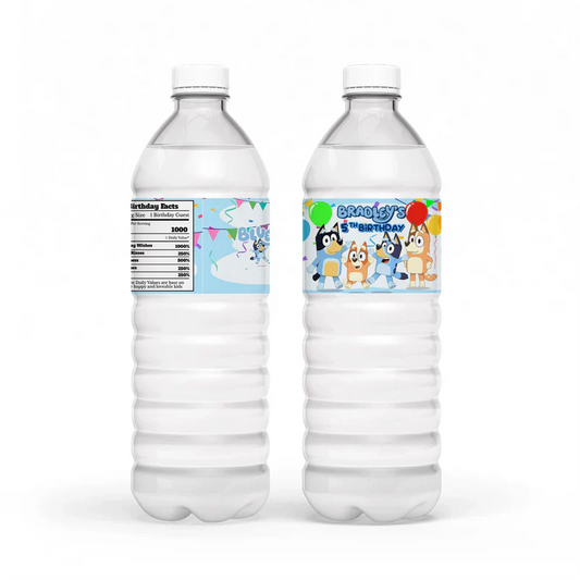 Bluey water bottle label with personalized design wrapped around clear bottle on table