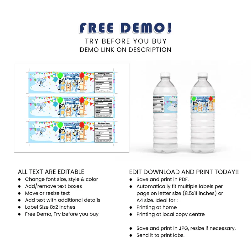 Bluey Water Bottle Label