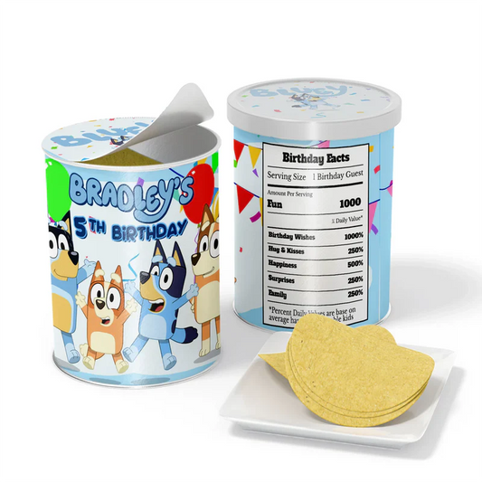 Bluey small Pringles label with personalized design wrapped on mini chip can