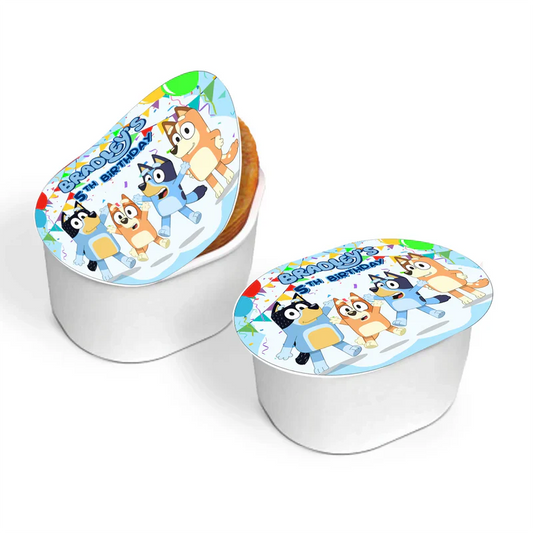 Bluey mini Pringles label with custom name in bright colors flat lay on white background