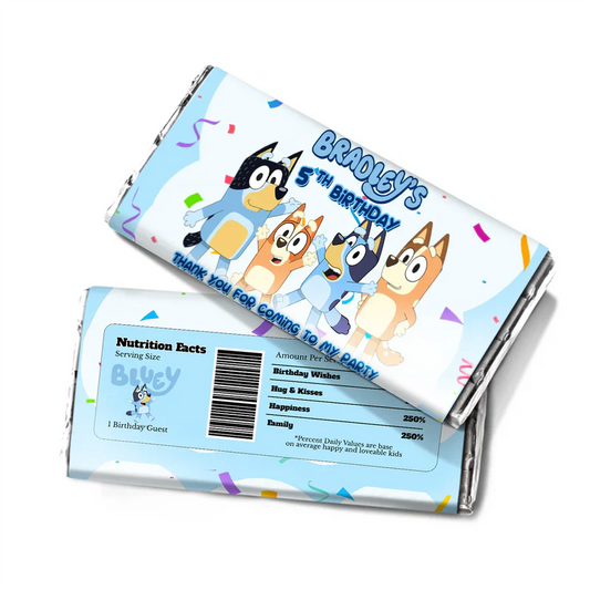 Bluey chocolate label wrapper with personalized name in bold over wrapped bar