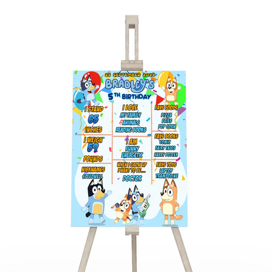 Bluey milestone poster with age highlights and fun Bluey elements on vertical layout