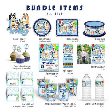 Bluey party pack digital template with personalized labels and decorations on white background