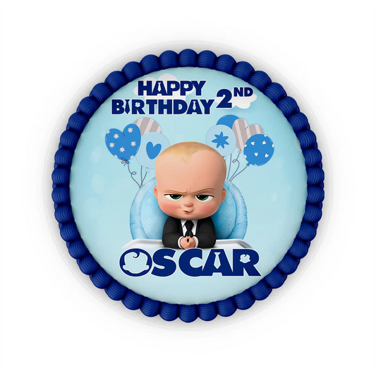 The Boss Baby edible icing cake image with name and age in bold colors printed on frosting sheet close-up view