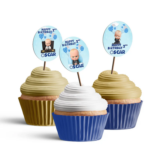The Boss Baby cupcake toppers in circular design with character face and text on toothpicks flat lay display