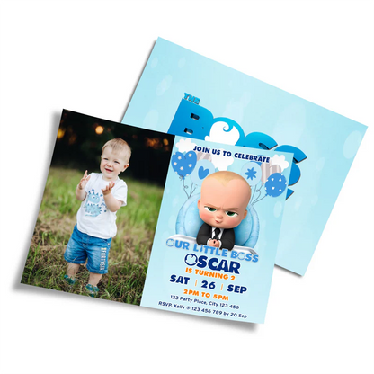 The Boss Baby photo card invitations featuring child photo and theme graphics laid flat with envelopes