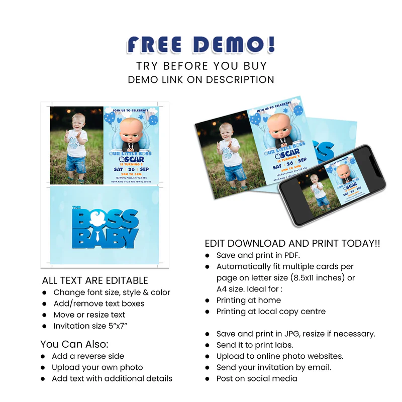 The Boss Baby Photo Invitations Custom Party Stationery