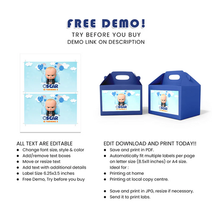 The Boss Baby Treat Box Label Custom Printable Tag